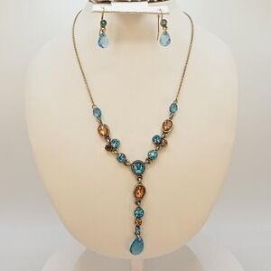 New! AVON Y Necklace Earrings Set Teal Topaz Faceted Crystals Bronze Finish 18"